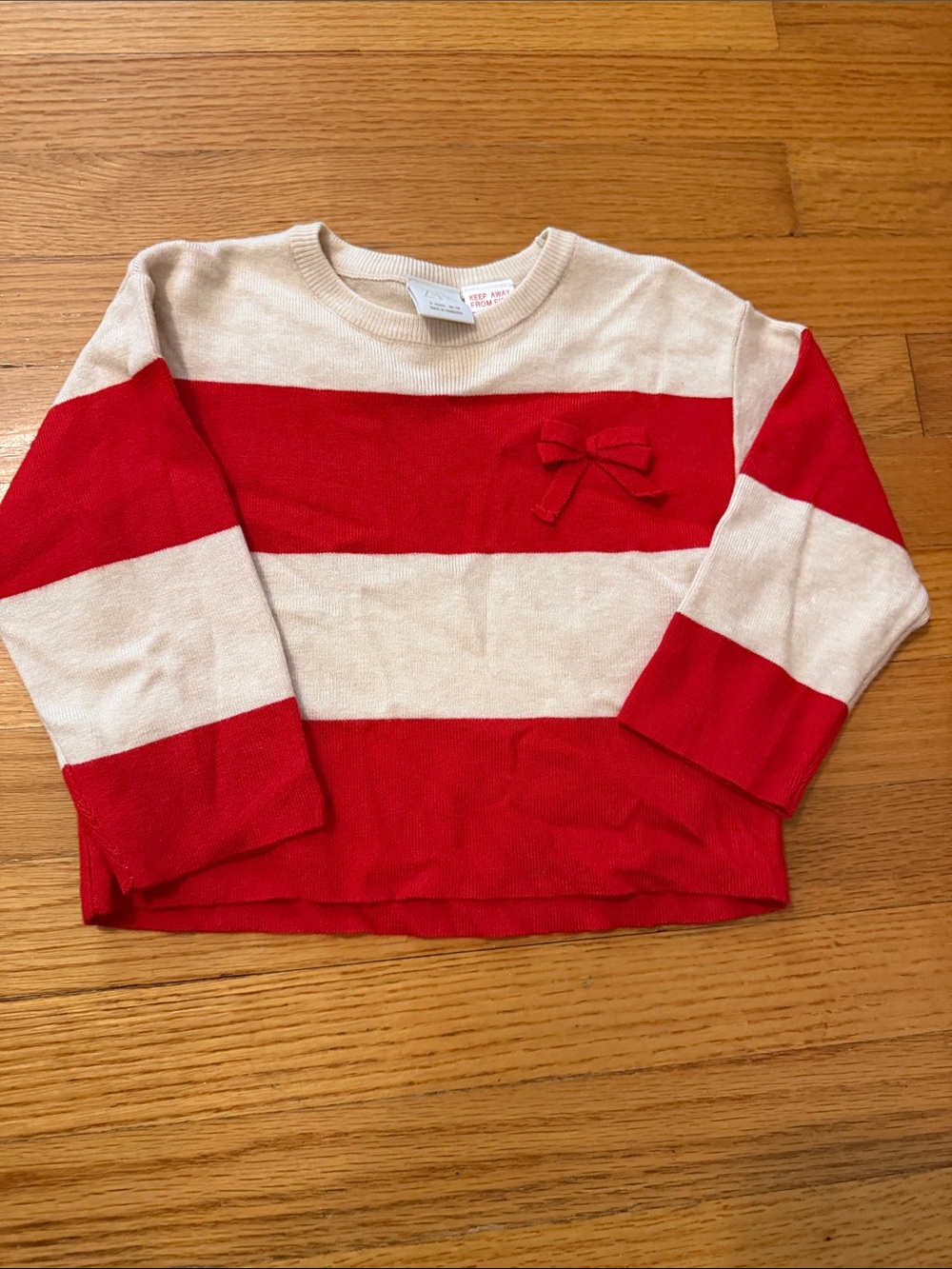 Zara GIRLS 2 years Red and Cream Striped Bow Knit Sweater -